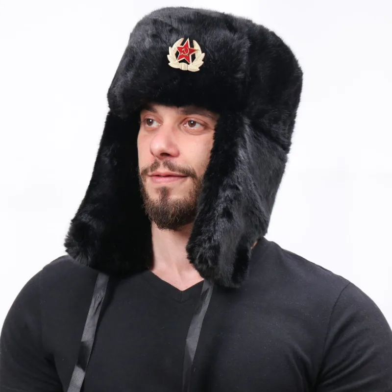 Russian Bomber Cap Outdoor Warm Earmuffs Men and Women Universal Winter Ski Caps Military Badge Thickened Hats