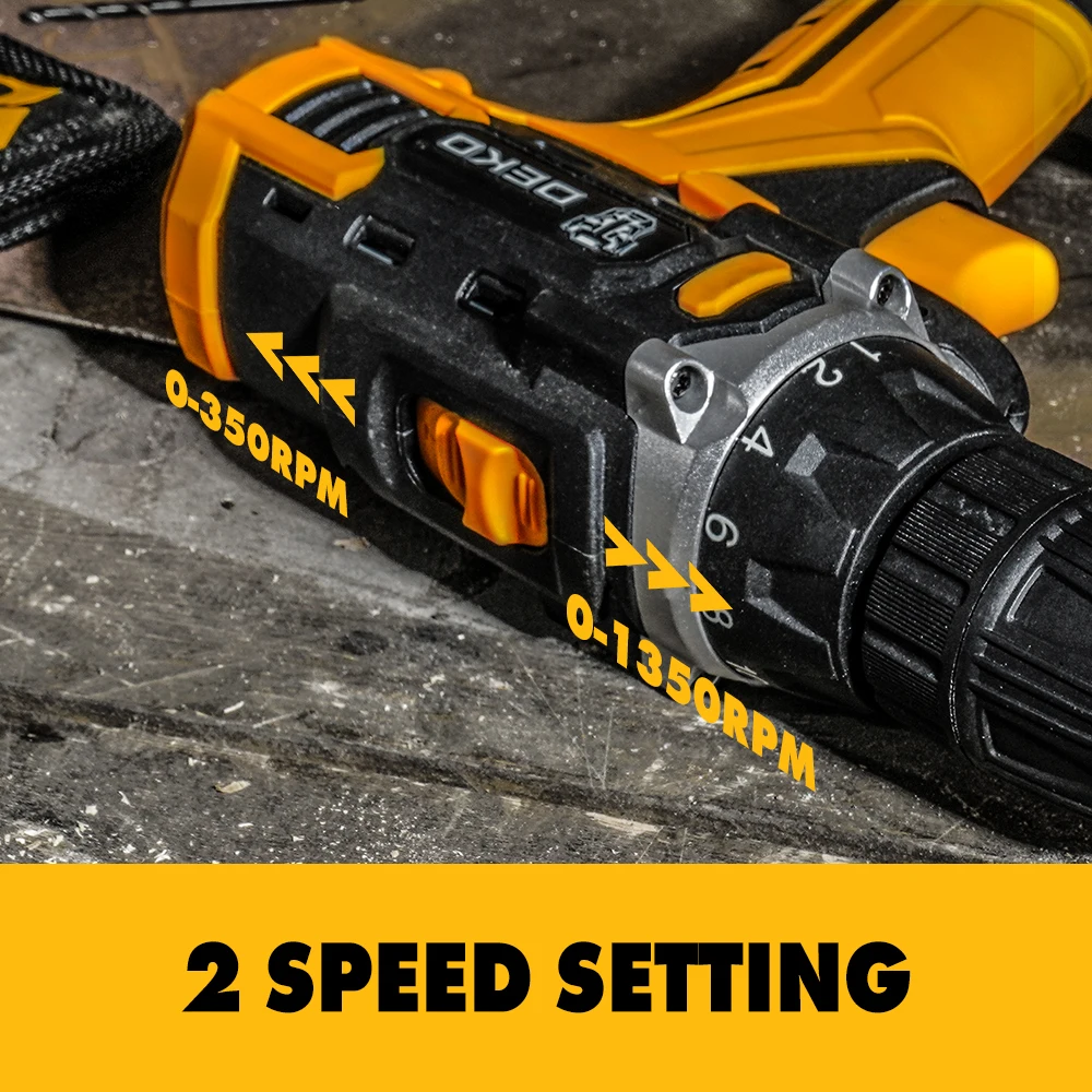 DEKO 12V 16V 20V SET1 Cordless Drill 2 Speed Electric Screwdriver DIY Mini Wireless Power Driver DC Lithium-Ion Battery 3/8-Inch 3