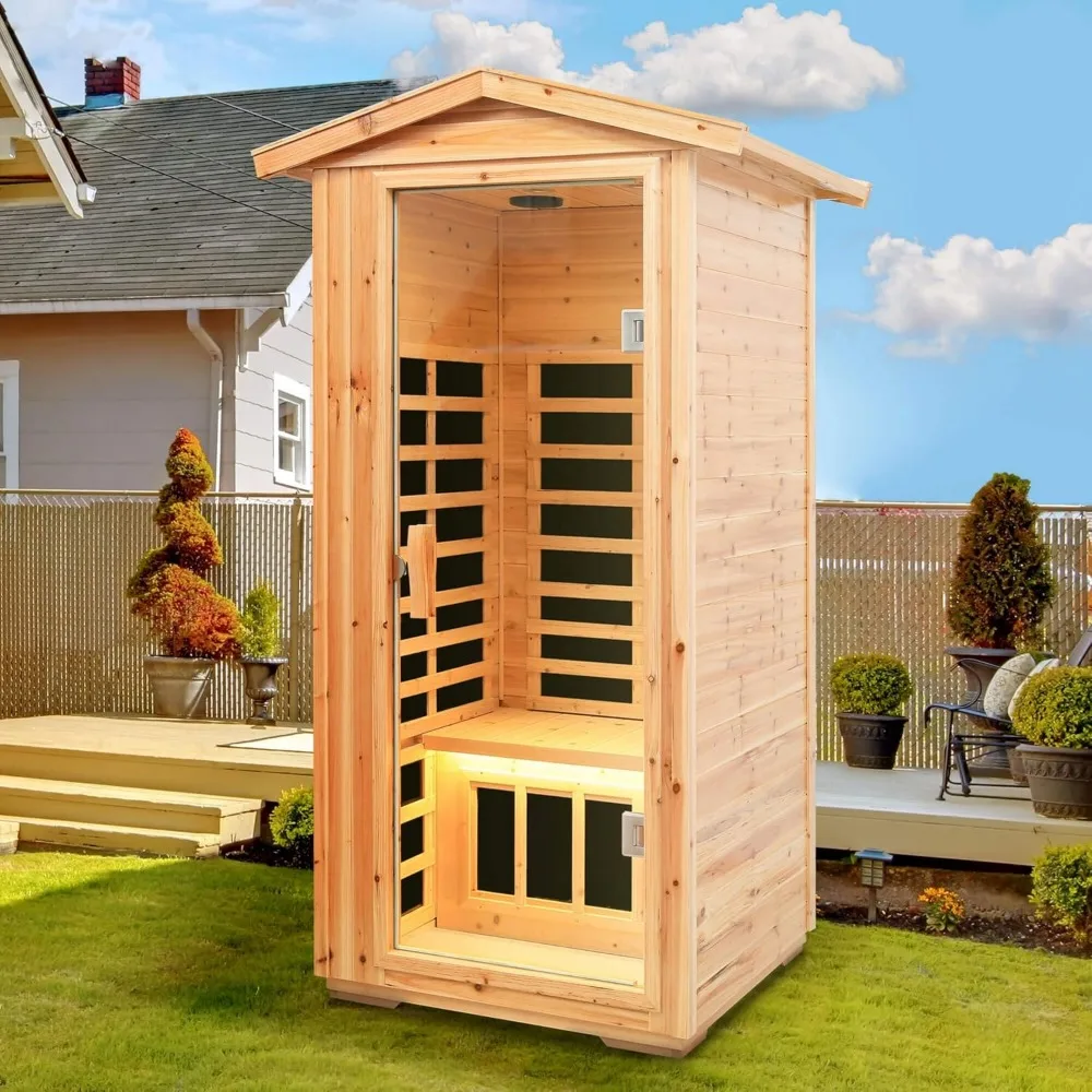 Far Infrared Wooden Outdoor Sauna, 1-Person Size, w/1560W, 6 Low EMF Heaters, 10 Minutes Pre-Warm up, Time and Temp Pre-Set 3