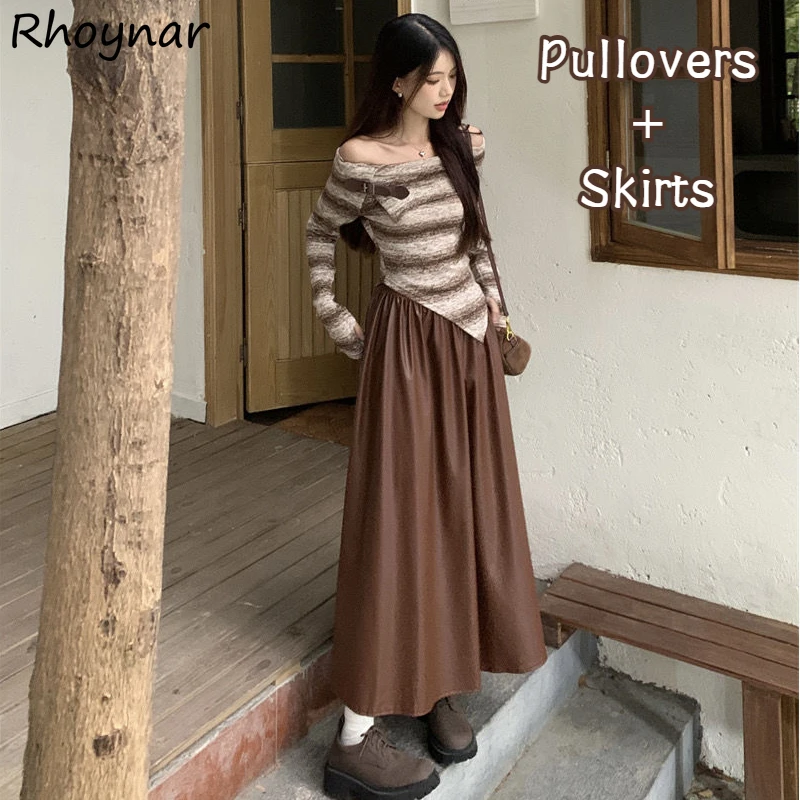 

PU Long Skirts Sets Women Chic Slash Neck French Style Striped Retro Knit Pullovers Autumn Elegant Sweet Female Street Wear 2pcs