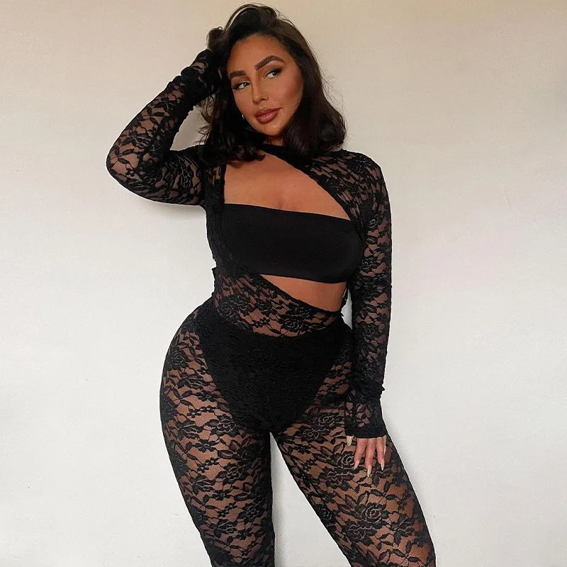 

2023 Summer Ins style lace patchwork long sleeved hollowed out wrap chest perspective sexy and hot one-piece