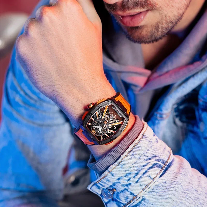 BONEST GATTI watch men's wine barrel shaped fully automatic hollow mechanical watch carbon fiber sports