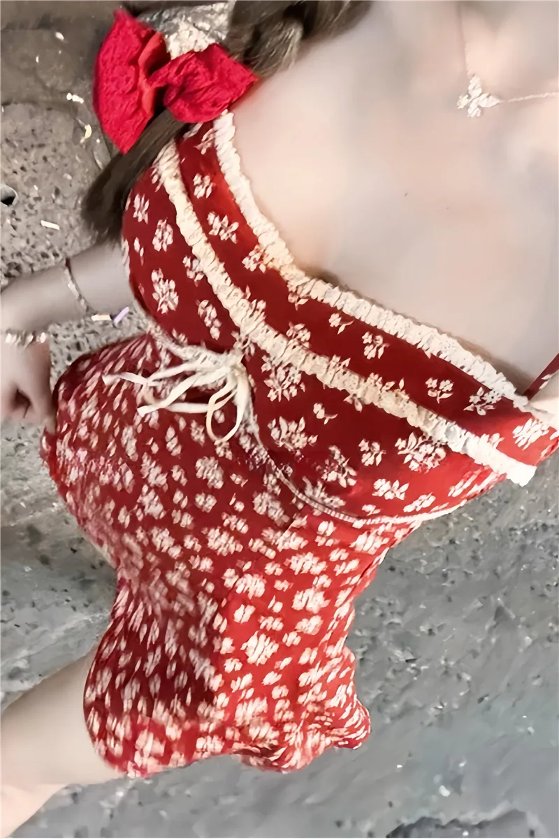 French Red Floral Print One-Piece Swimsuit Women's Summer Lace Trim Corset Style Swimming Costume Sexy Tight High Elasticity