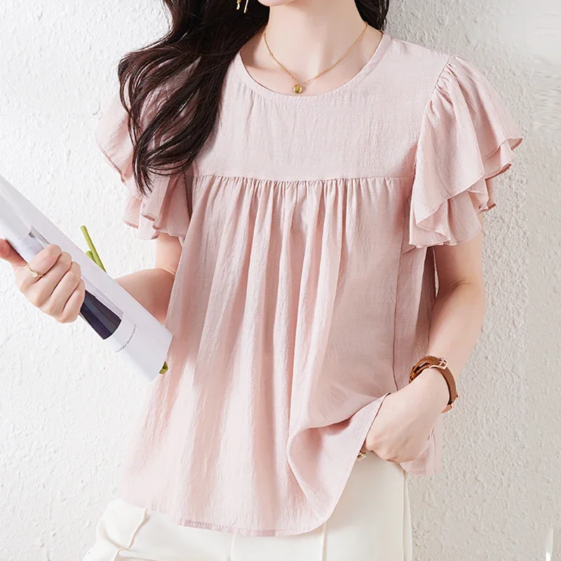 

Женская шифоновая блузка с оборками, Повседневная белая Свободная блузка с коротким рукавом, модель 2023 в Корейском стиле на лето, 27151