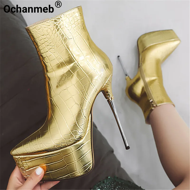 

Ochanmeb Ultra High Heels Women Golden Microfiber Crocodile Boots Sexy Stiletto Chunky Platform Silver Boot Ladies Party Shoe 43