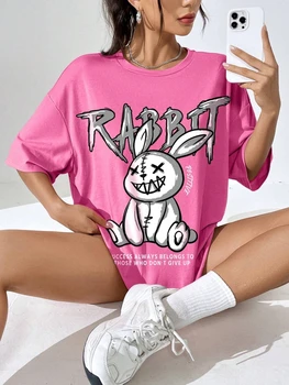 Kawaii Rabbit Printed Tops Cotton T-Shirts For Womens Fashion Casual Soft Short Sleeve Loose Tees Comfortable Street Clothes 1