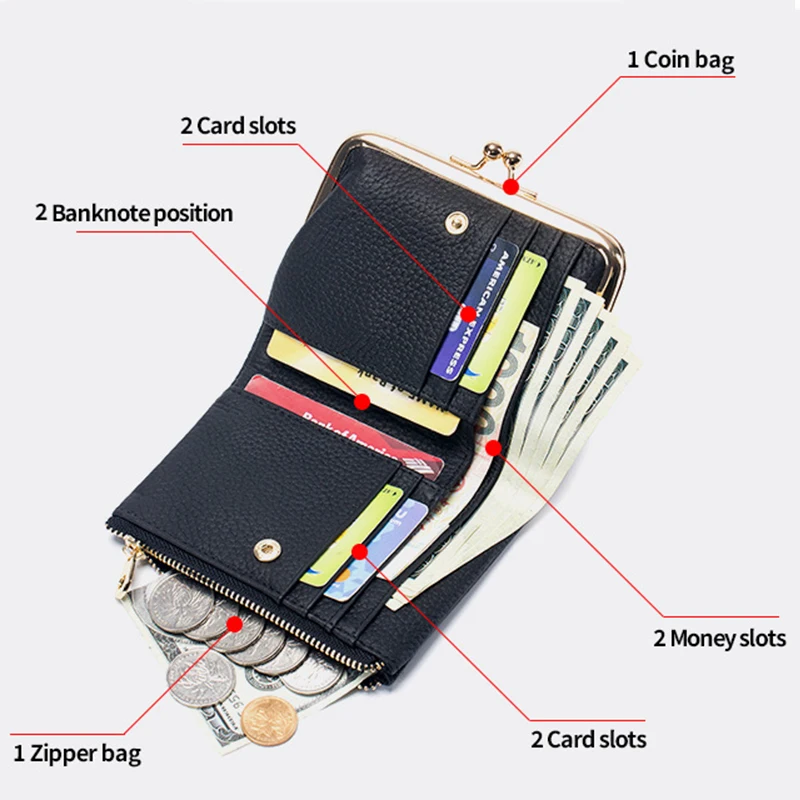 Fashion Women's Kiss Lock Wallet Leather Small Zipper Coin Pocket for Women Blue Bifold Metal Frame Purse Card Holder with Clasp