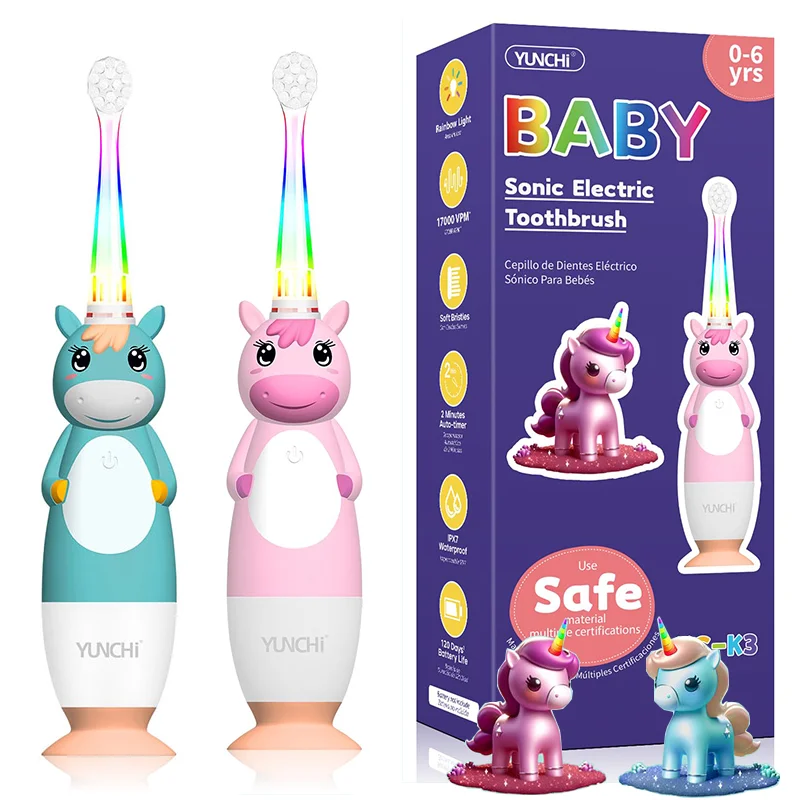 어린이 전동 칫솔, 아동용 전동 칫솔, YUNCHI K3 '유니콘' 소닉 전동 칫솔, 부드러운 칫솔모