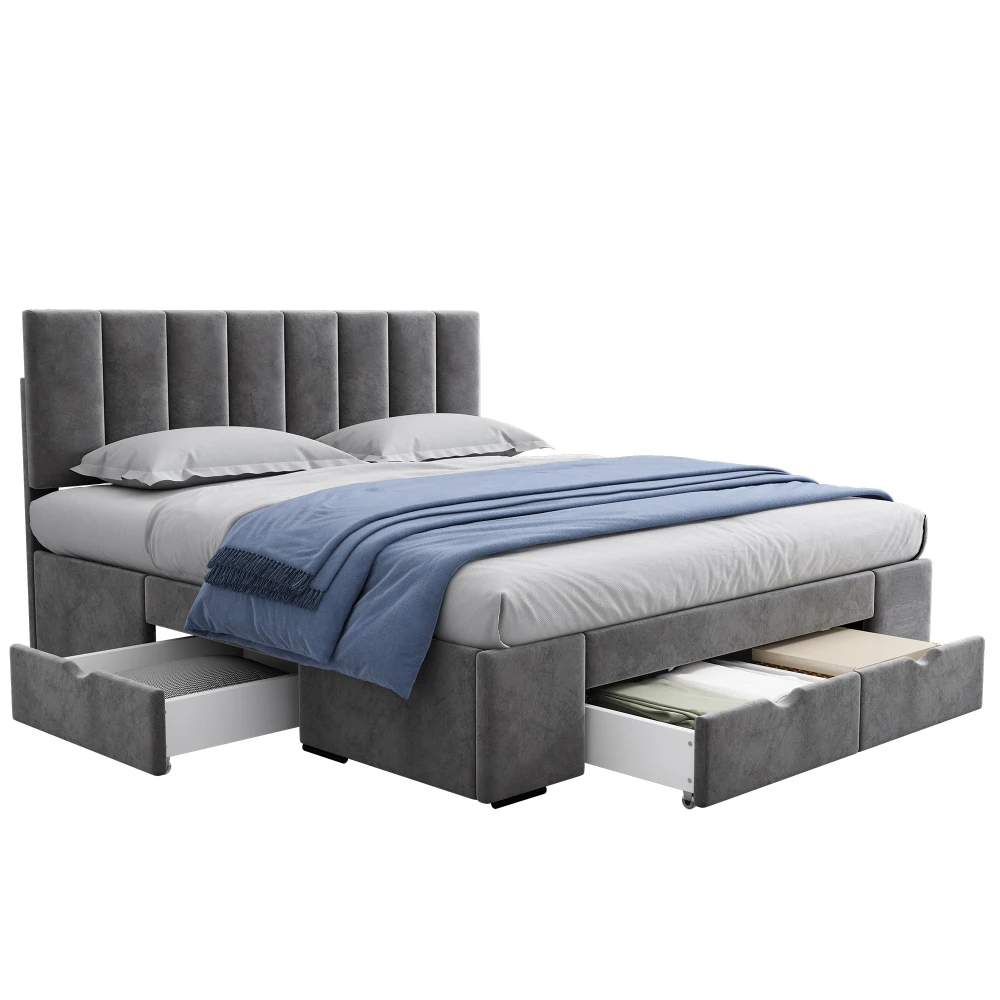 Luxuriöses Graues Samt-Polsterbett 140x200cm Modernes Schlafzimmerbett mit Lattenrost, Kopfteil und 4 Aufbewahrungsschubladen – Detail 22
