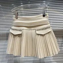 

Fashion Woolen Skirts Womens 2022 Spring Winter New Rhinestone Stripe Double Pocket Wool Blend Skirt Pleated Jupe Femme