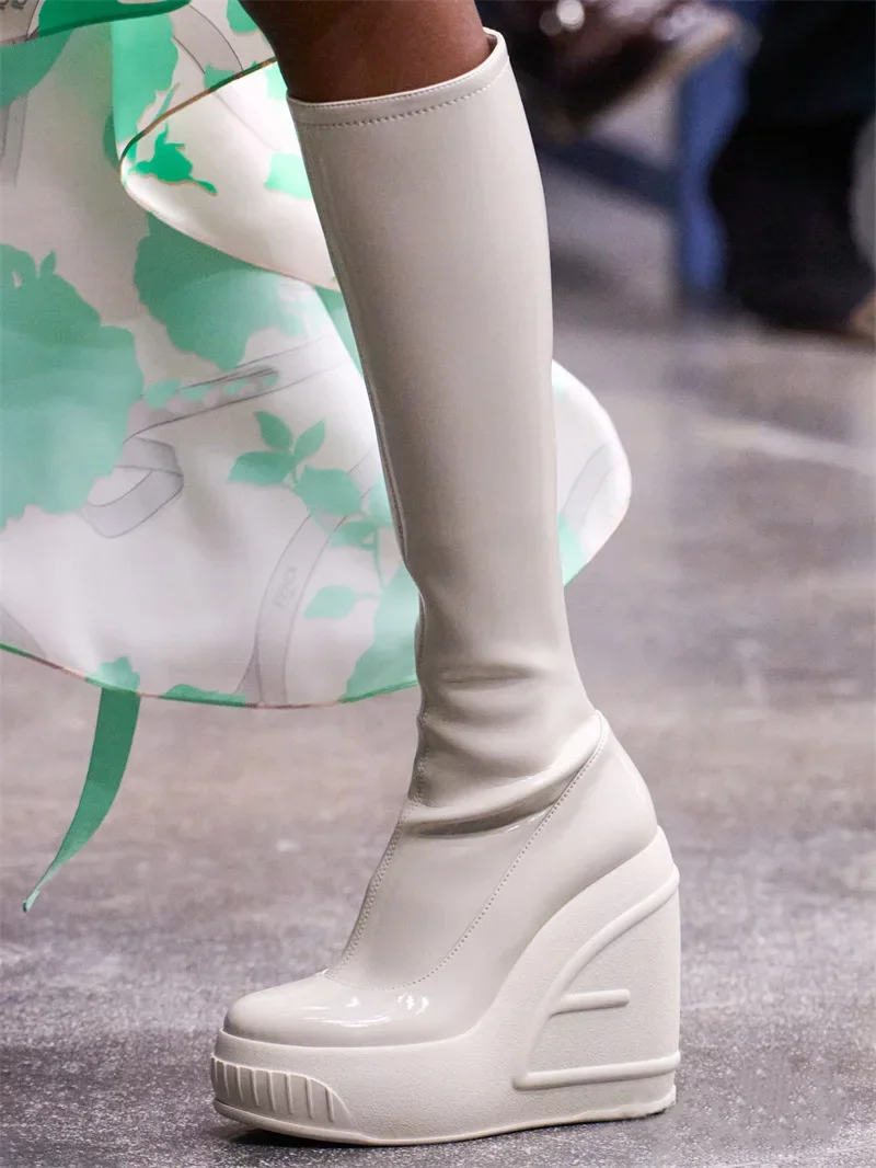 2024 Spring New Slope Heel Thick Bottom Round Toe High Heel Boots Fashion Sexy Cross-border Women's Plus Size Knee-high Boots