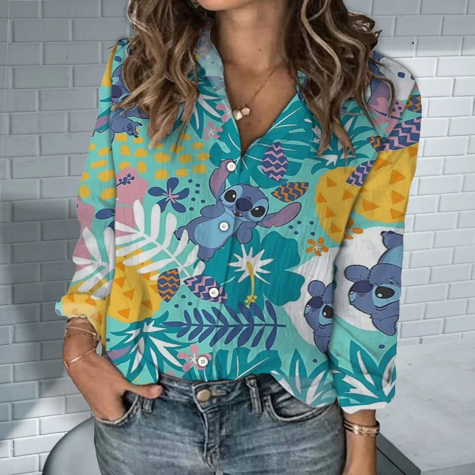 

Disney Stitch Women's Shirt Fashion Elegant Long Sleeve Button Up Shirt Disney Women's Hawaii Shirt Casual Beach Shirt Y2K Top