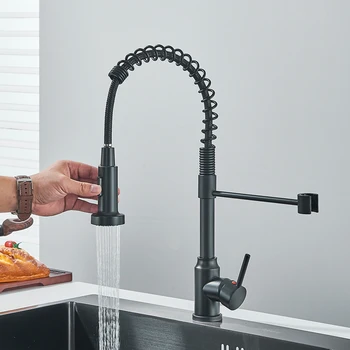 Matte Black Kitchen Sink Faucet One Handle Spring Hot and Cold Water Tap Deck Mounted Bathroom Chrome Kitchen Crane 4