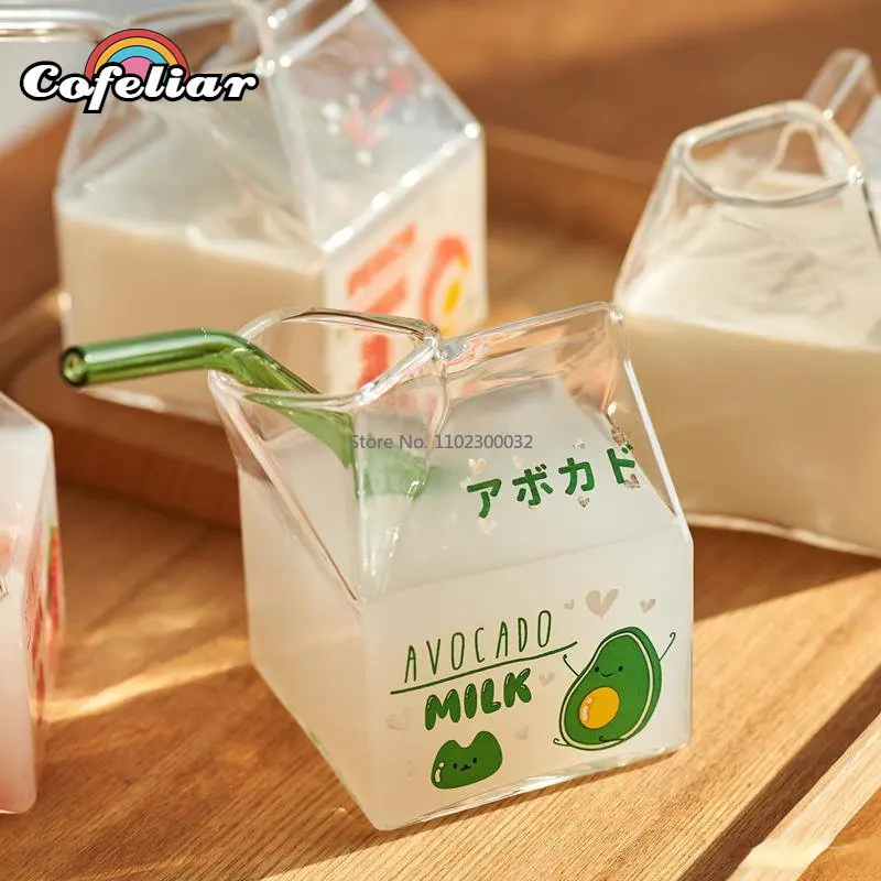 Square Glass Milk Carton Half Pint Glass with Straw Cute Strawberry Mini  Milk Creamer Carton Container Portable Glass Milk Cups - AliExpress