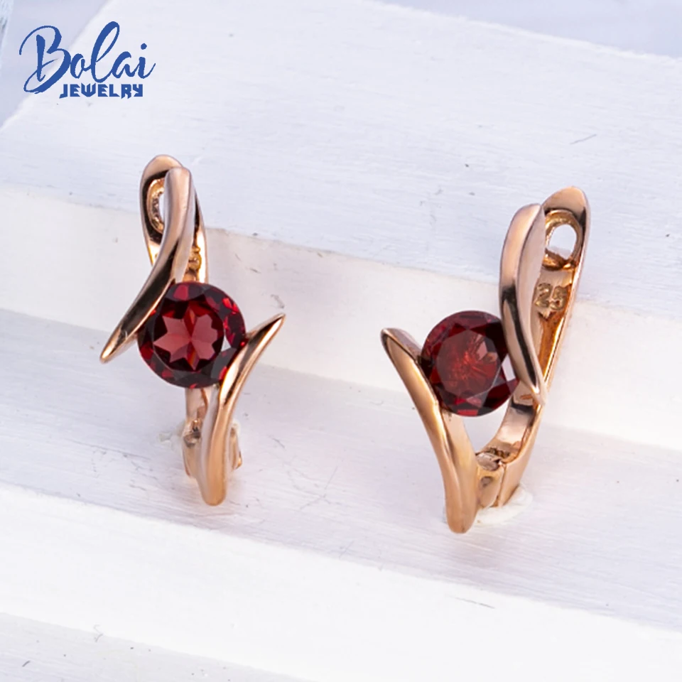 

Bolai Round 6.0mm Natural Garnet Stud Clasp Earrings Real 925 Sterling Silver Gemstone for Woman Girl Simple Gift Brand-New