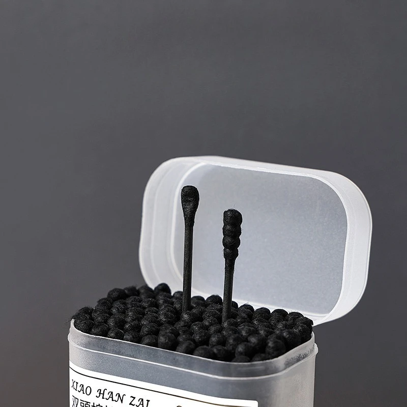 Black Double-Ended Cotton Swabs - Disposable Japanese Style Earpick & Blackhead Tool, Hygienic Boxed Swabs for Precise Cleaning