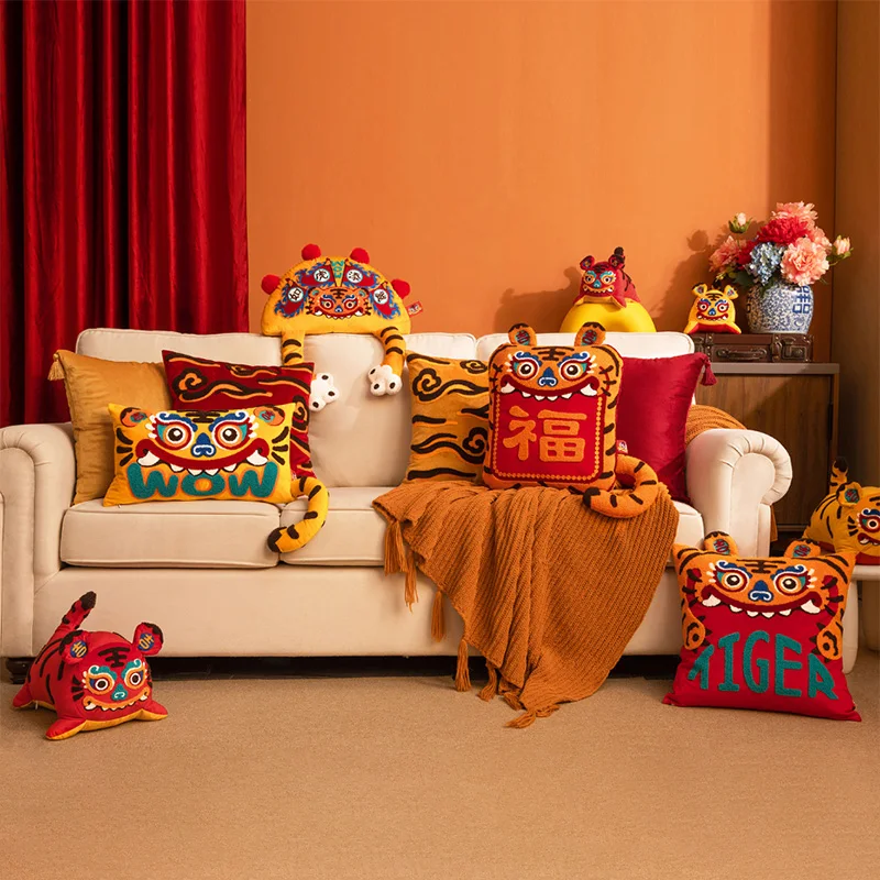 Joy Chinese Traditional Dance Lion Embroidery Cushion Year Of Tiger Sofa Chair Decorative Stuffed Pillow Happy Lucky Cushion 4