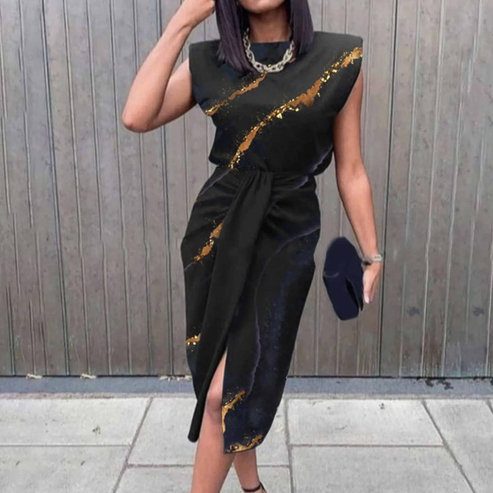 

Women Summer O Neck Stitching Casual Midi Dress Elegant Print Sleeveless Lace Up Dress Office Lady Elegant Commute Dresses