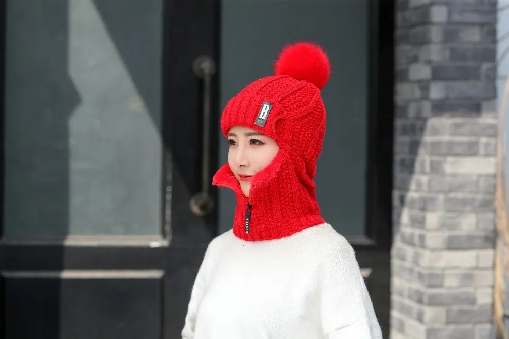 Lässige, winddichte Strickmütze aus Wolle, Nackenwärmer, verdickter Gehörschutz, warm halten, Bommelmütze für Damen – Detail 19