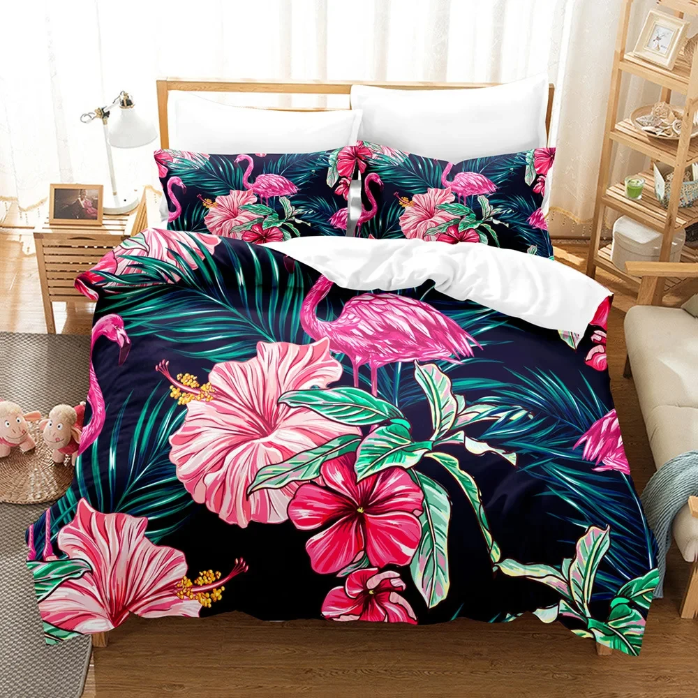 

Pink Flamingo Duvet Cover Green Leaves Floral Animal Print Bedding Set for Kids Girls Tropical Pattern Design Bedroom Decor