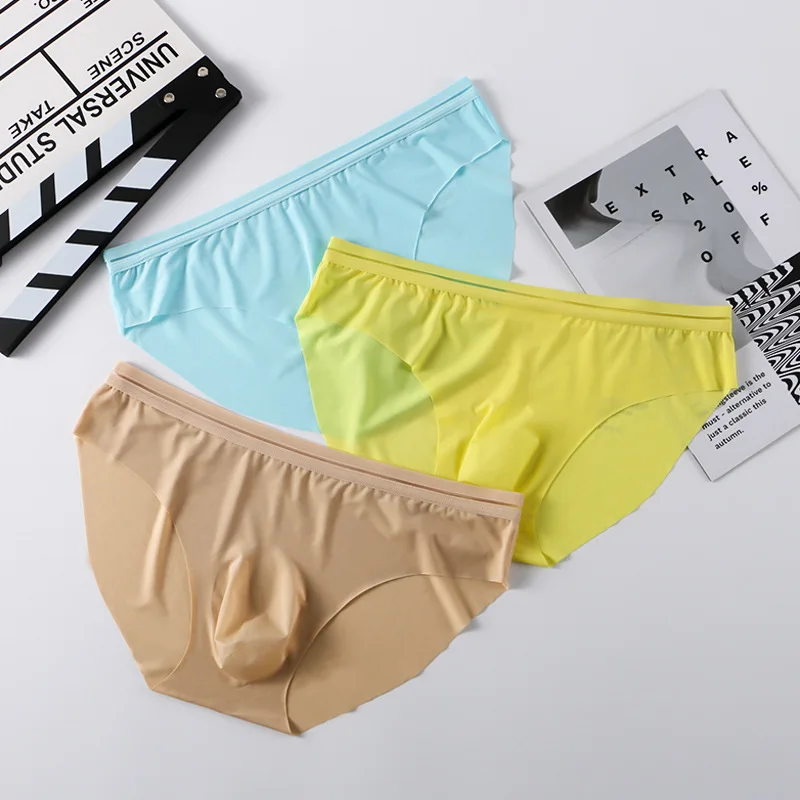 

Sexy Mens Underwear Briefs 3D Pouch Homme Seamless Low Waist Panties Man Solid Transparent Ice Silk Ultra-thin Underpants Cuecas