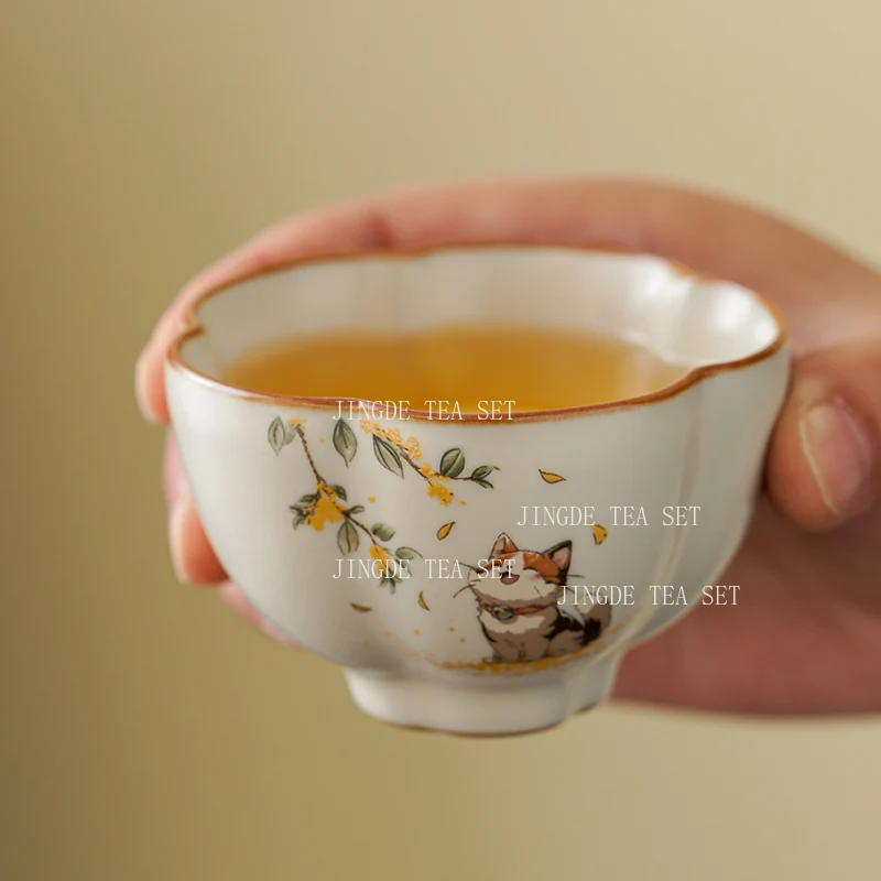 1pcs Ceramic Cups Beige Ru Kiln Brewed Black Tea Pu Erh Cup Cute Cat Tea Set for Home Use High End Drinking Utensils