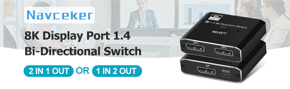 DisplayPort Switch 8K Splitter Bidirectional 4K 120Hz DP 1.4 Switcher Box with I