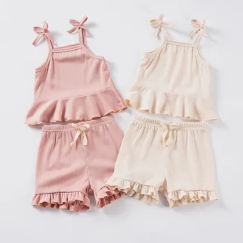 Summer 2024 New Baby Girl Solid Color 2pcs Bow Halter Ruffle Top + Shorts Fashion Comfortable Breathable Cute 1