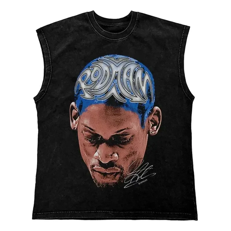 Lip Print Pattern Washed T Shirt Vintage Loose Tank Top Casual Sleeveless Cotton Tshirt Hip Hop Streetwear Oversize Tops Vest