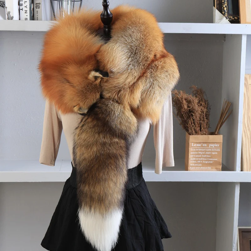 Unisex Real Fur Fox Scarf Winter Warm Natural Fur Shawl Soft Headscarf Gray Silver Fox Scarf Accessories