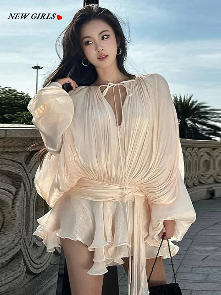 Luxury Elegant Mini Dress For Women V Collar Lace Up Blouse Dresses Long Sleeve Stacked Hem Vestido 2025 New Lady Women Clothing 2