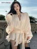 Luxury Elegant Mini Dress For Women V Collar Lace Up Blouse Dresses Long Sleeve Stacked Hem Vestido 2025 New Lady Women Clothing 2