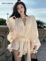 Luxury Elegant Mini Dress For Women V Collar Lace Up Blouse Dresses Long Sleeve Stacked Hem Vestido 2025 New Lady Women Clothing 2