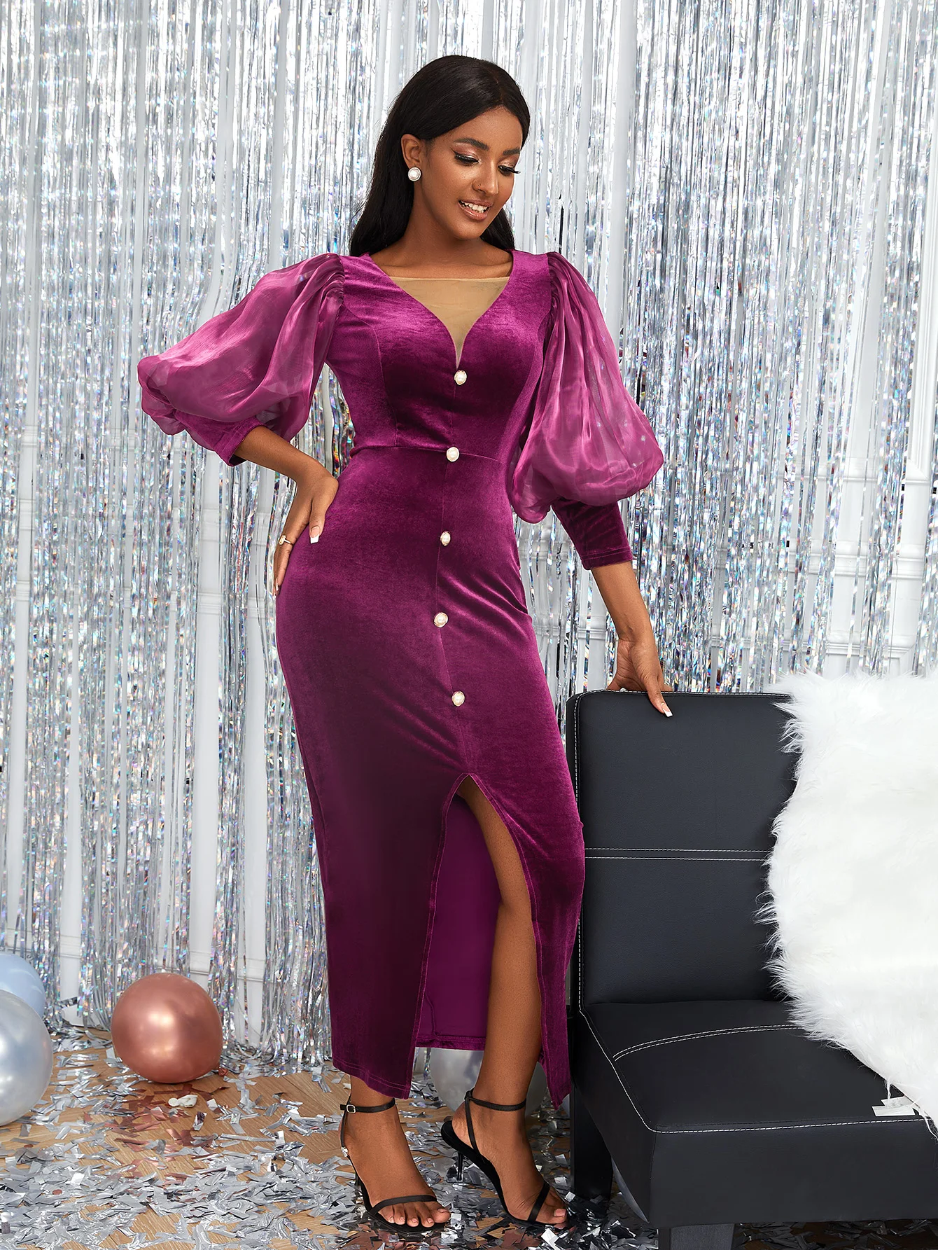 Amazon.com: Women's V Neck Maxi Dress Velvet Fabric Long Sleeves High Waist  Elegant Tunic Cocktail Dress Evening Gown(m-Violet) : Clothing, Shoes &  Jewelry