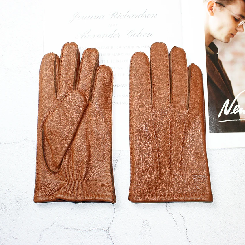 Deer Skin Gloves Men's Touch Screen Dark Brown Genuine Leather Retro Style Autumn and Winter Warm Motorcycle Riding Gloves