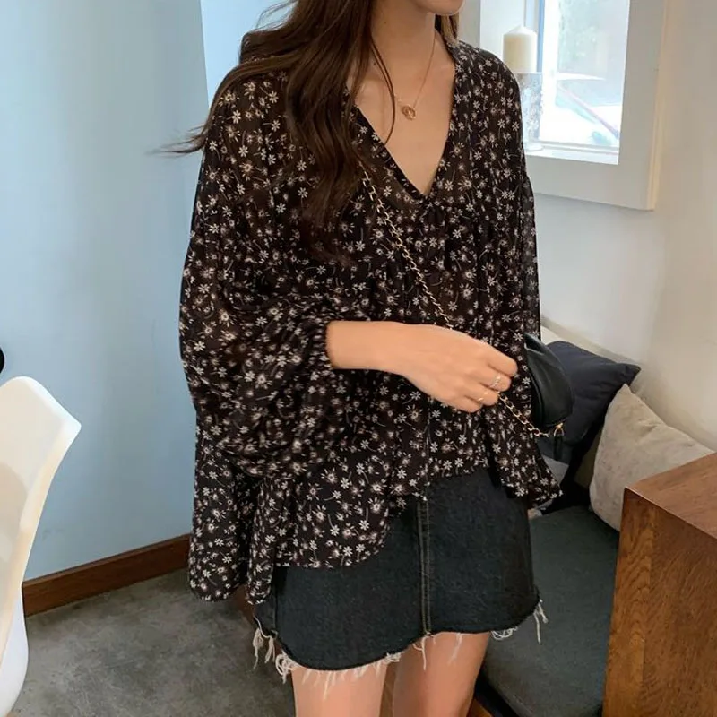 V-neck Chiffon Shirt Women Sweet Tops Blouse 2025 Spring Korean Floral Print Long Sleeve Casual Loose Slim Lady Clothes New 9307 2
