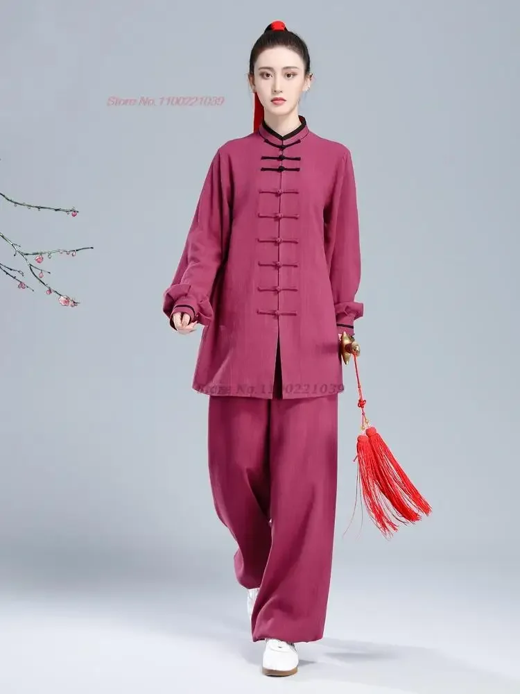 

2023 chinese tai chi uniform traditional cotton linen wushu taiji morning exercise team taichi stage performance kungfu uniform