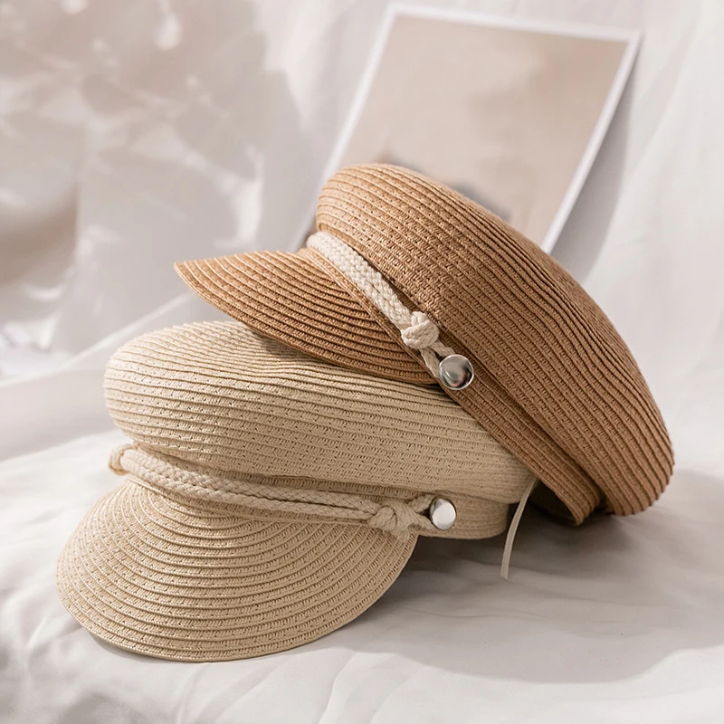 

New Octagonal Cap Women Summer Thin Newsboy Cap Painter Adjustable Rope Straw Beret Mesh Breathable Beach Straw Hat