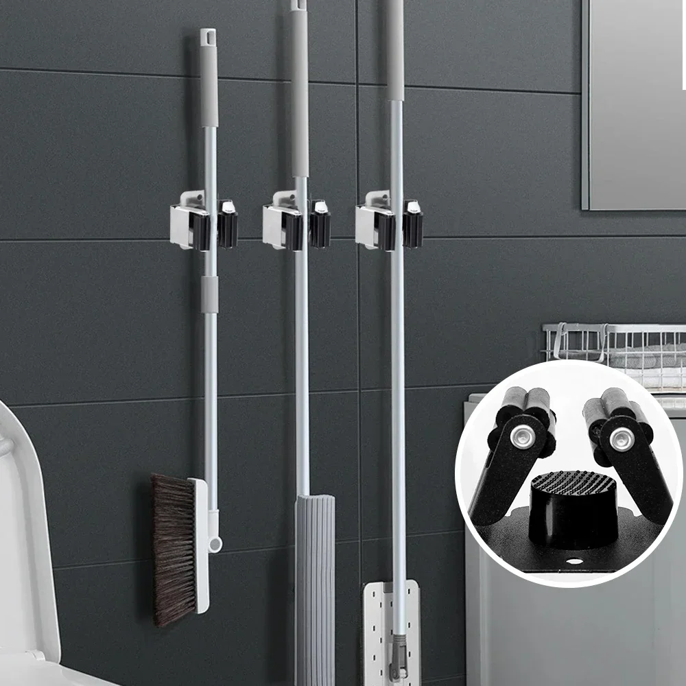 10/1x Self-Adhesive Mop Holder Clips Stainless Steel Drilling Mop Broom Holder Rack with Screw Kitchen Bathroom Organizer Shelf 4