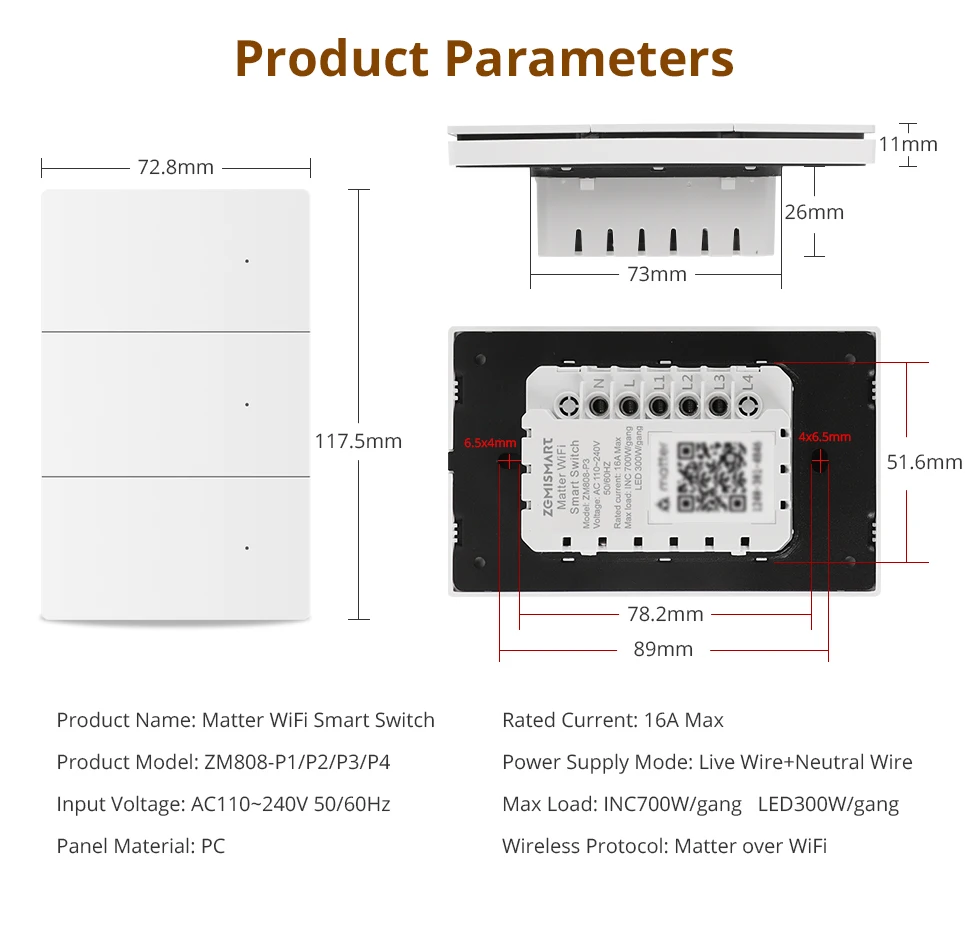 Matter WiFi Smart Wall Light Switch 1 2 3 4 Gangs Flame-retardant PC Material Pa
