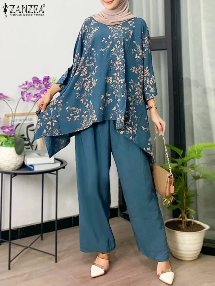 ZANZEA Fashion Long Sleeve Floral Blouse Trousers Suits 2pcs Vintage Urban Tracksuit Women Holiday Matching Sets Muslim Sets