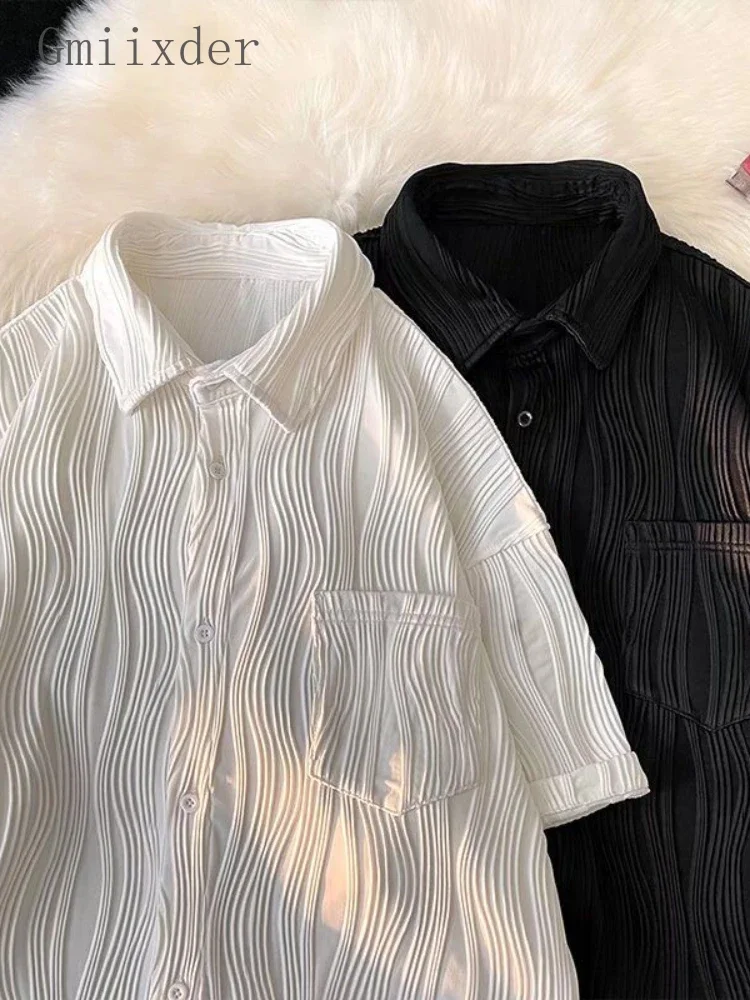 

Pleated Jacquard Short-sleeved Shirt Men's Summer Ice Silk Thin Breathable Loose Casual Blouse Korean Simple Trend Top