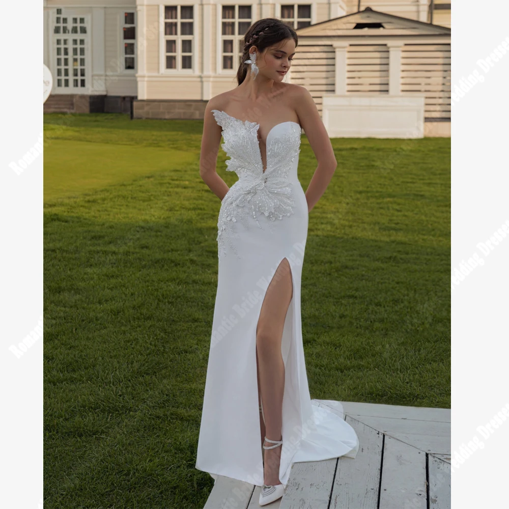 Celebrity Satin Mermaid Women Bridal Gowns Formal Lace Floral Print Wedding Dresses Mopping Length Vestido De Novia Customized 2