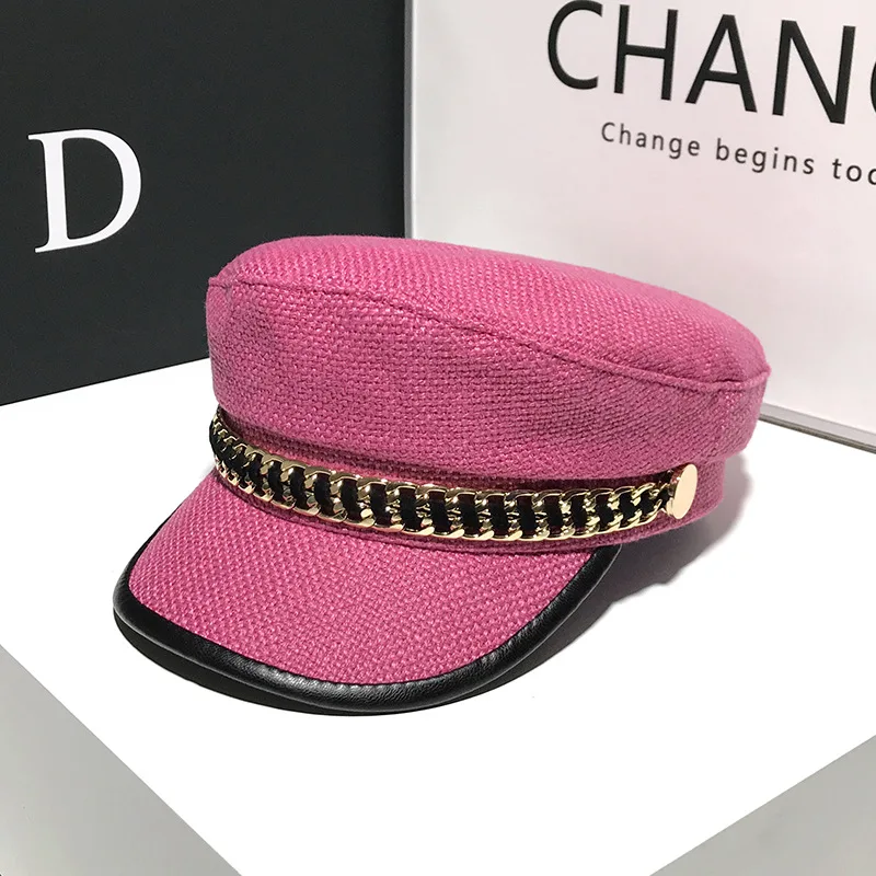 

New Fashion Hat Women's Flat Top Plaid Chain Military Hat Elegant Artist Hat Black Korean Octagonal Beret Captain Hat