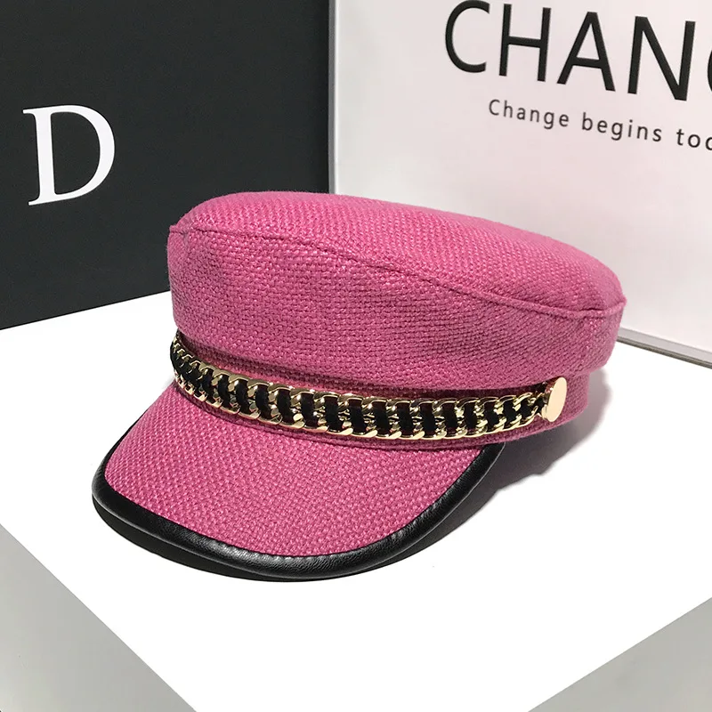 New Fashion Women's Flat Top Plaid Chain Military Hat Elegant Artist Black Korean Octagonal Beret Captain women military hat