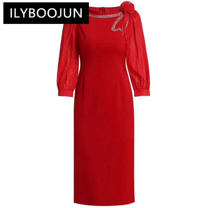 

ILYBOOJUN Fashion Women's New Round Neck Three Quarter Sleeved Three-Dimensional Flower Diamond High-Waisted Hip Wrap MIDI Dress