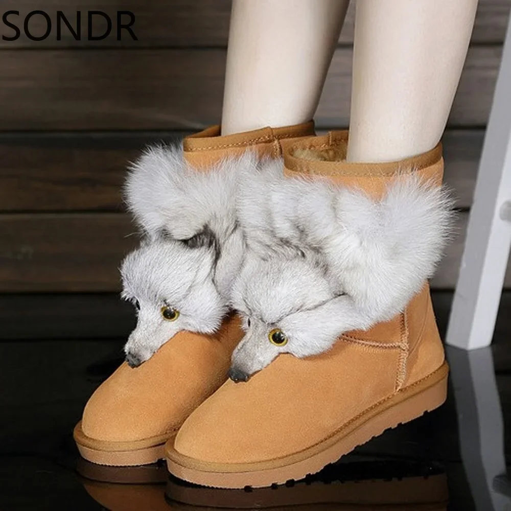 

Womens Round Toe Real Fox Fur Ankle Boots Warm Winter Snow Shoes Thick Platform Girls Custom Made Colors Plus Big Size 43 44