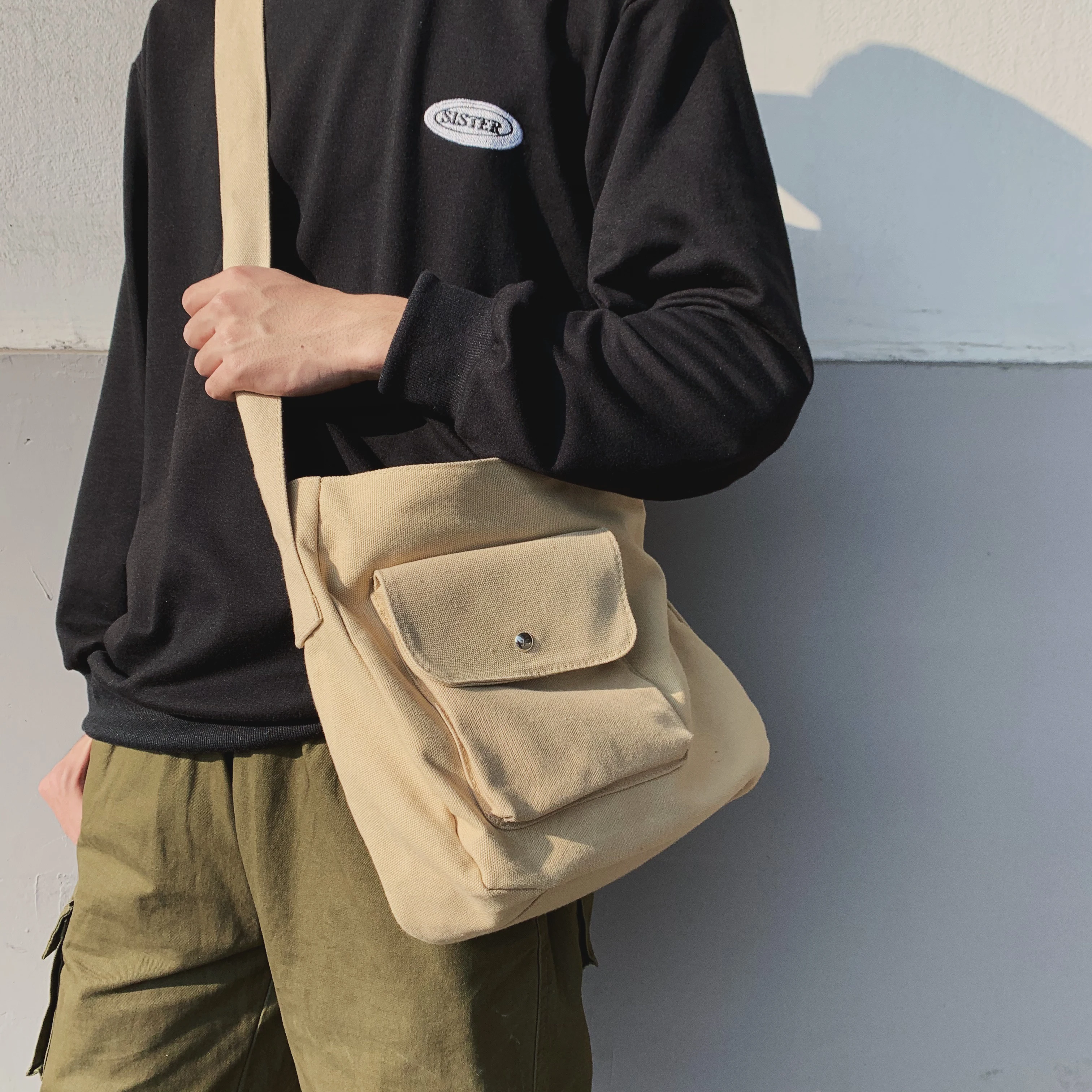 Korean Canvas Multi Pockets Canvas Big Size Handbag Female Male Teenager Student Over Large Street Hip Hop  Zipper Messenger Bag