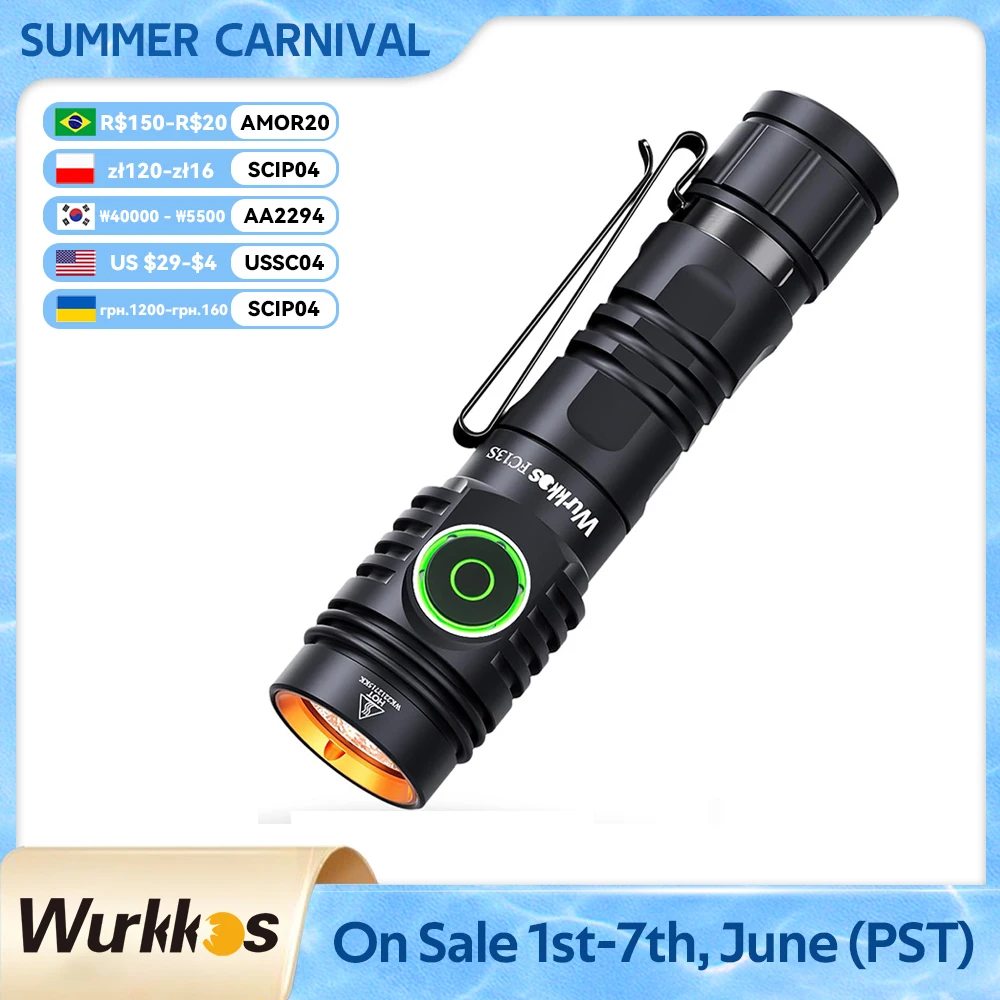 Wurkkos FC13S EDC Torch 18650 Rechargeable Lamp Powerful Flashlight 2500LM XHP50.2 LED Work Light IP68 Camping Outdoor Lighting