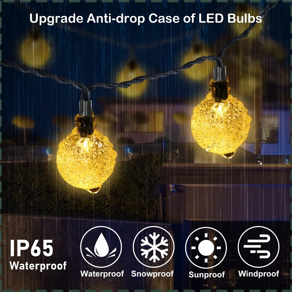 Guirnalda de luces LED solares para decoración al aire libre, 8 modos, bola de cristal, 5M, 7M, 12M, 22M, fiesta de navidad